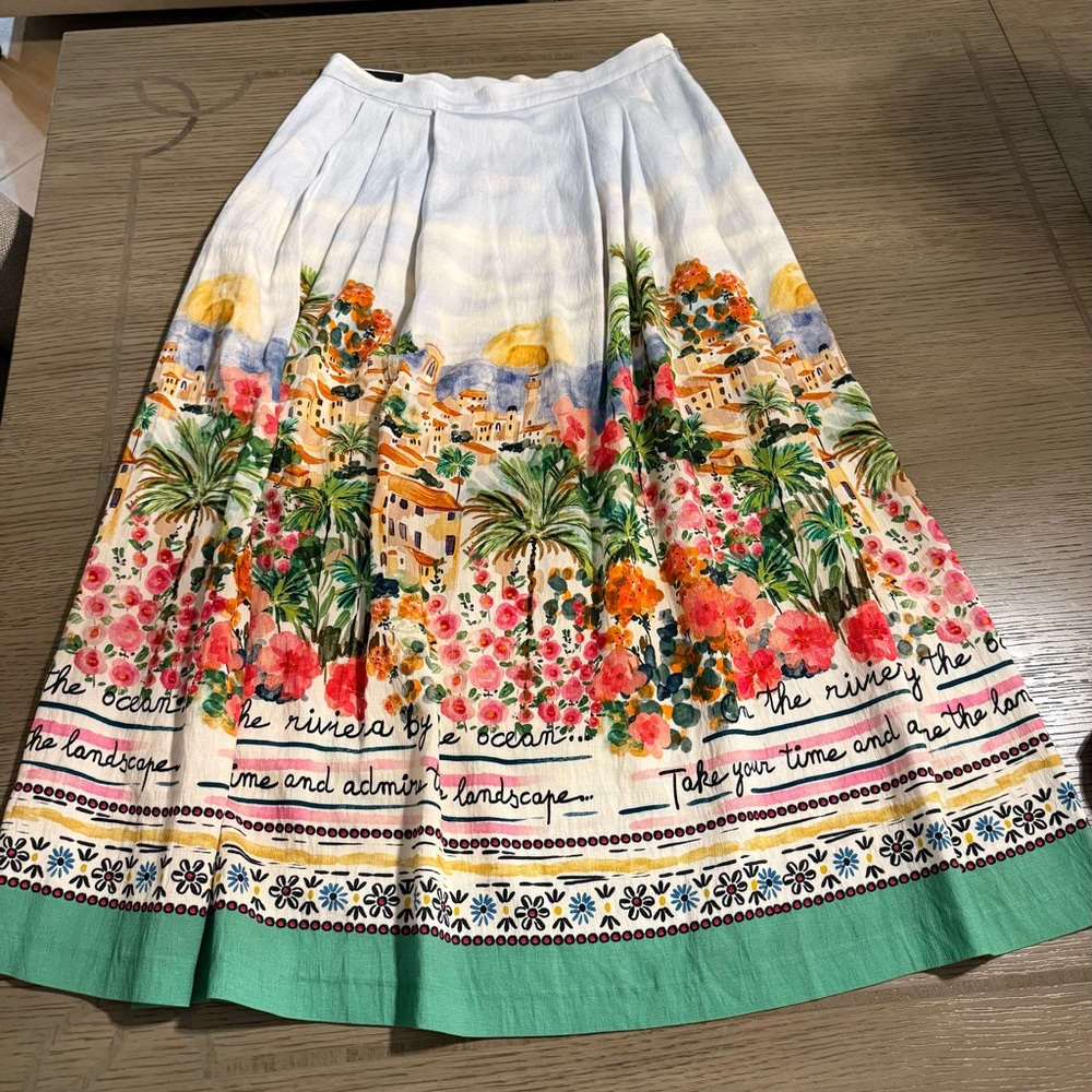 Zara Multicolor Floral Riviera A-Line Skirt with Green Hem